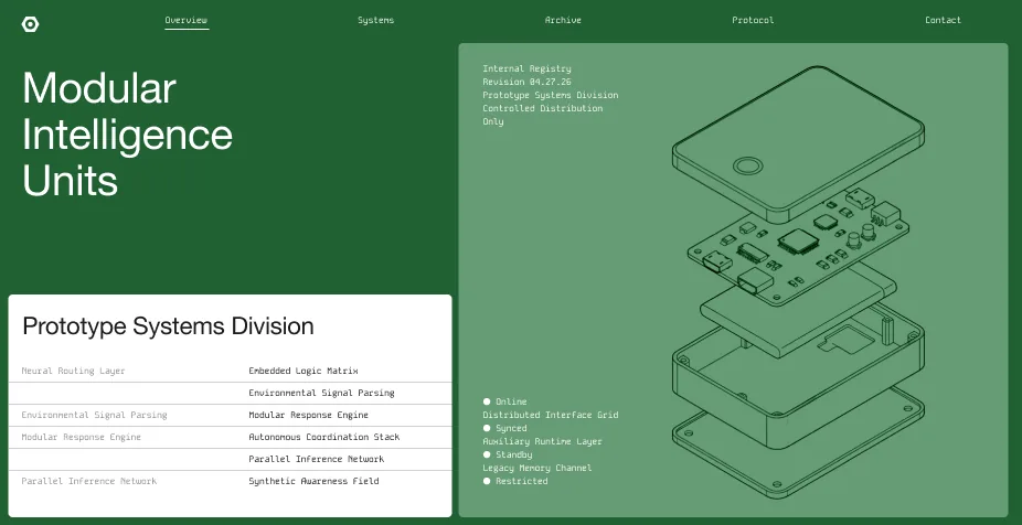 Exploded hardware diagram on a green site